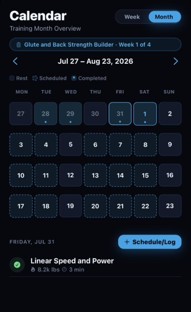 SetLift calendar showing a client's assigned training sessions for the week.