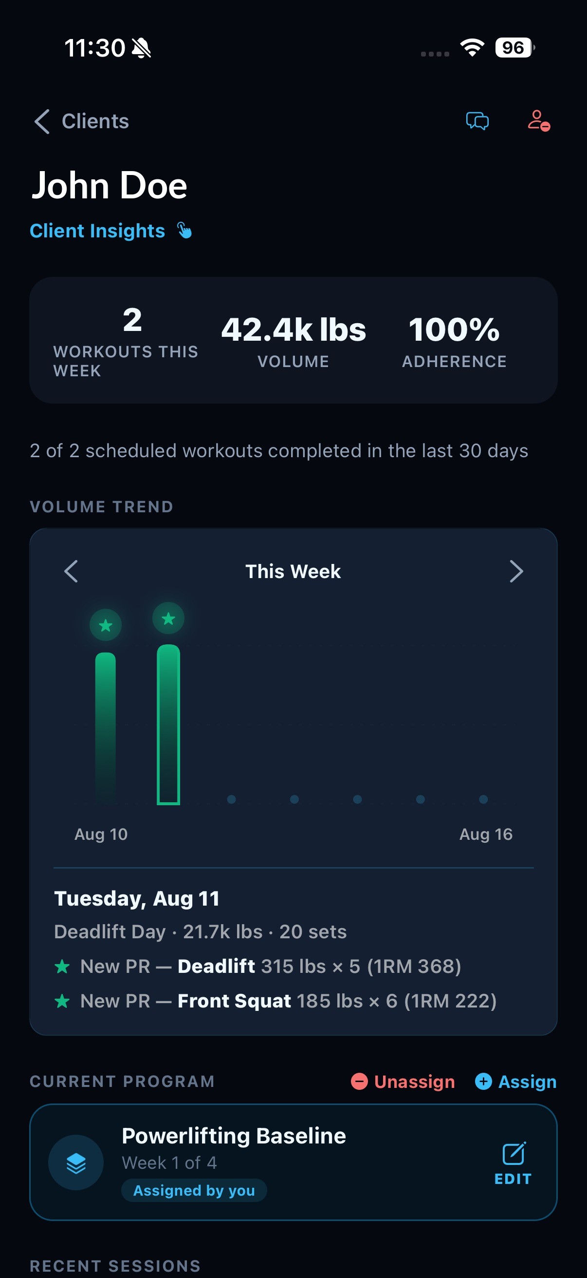 A client detail view in SetLift showing volume trend and recent session history.