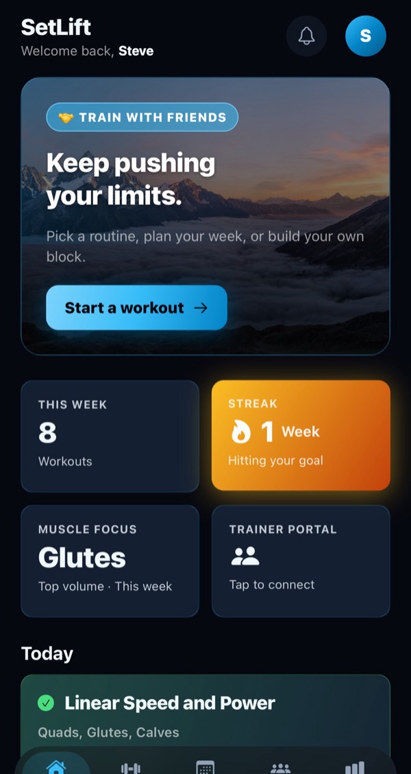 The SetLift home screen, showing this week's workout count, a training streak, muscle-group focus, and the day's scheduled session.