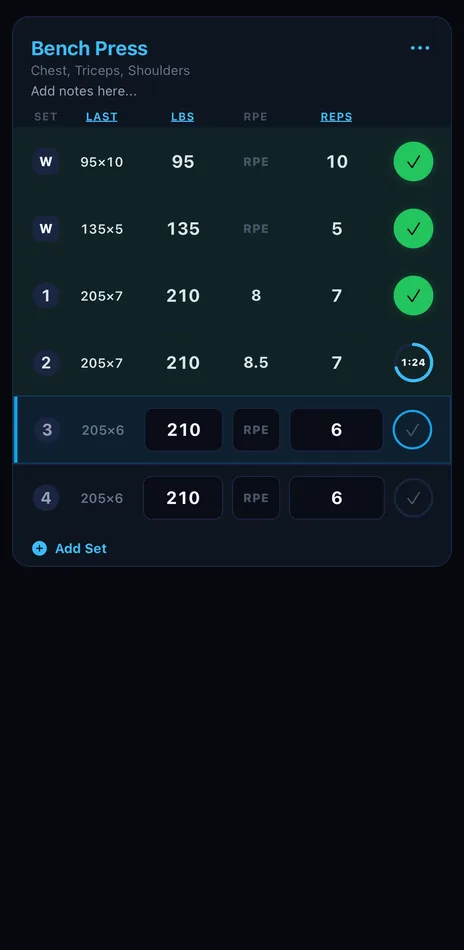 The SetLift live workout during a bench press: two warm-up sets and two sets of 210 lb for 7 done, a rest timer at 1:24, and last week's sets beside each row.