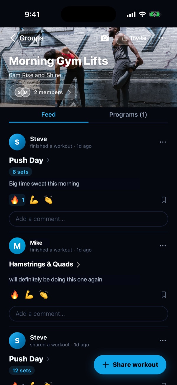 A SetLift group feed, showing posts from other members with comments and reactions.
