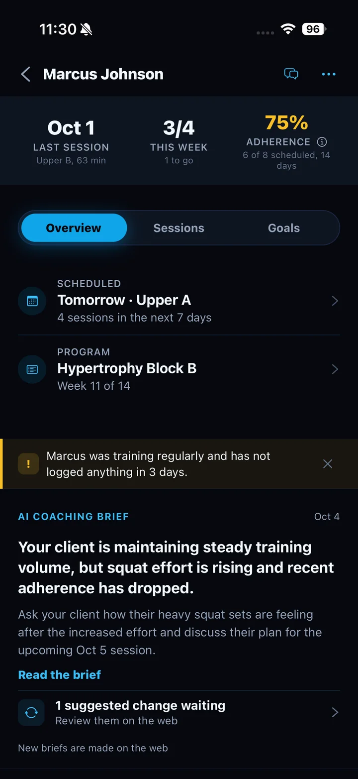 The same kind of client overview on the coach's phone, with the AI coaching brief and one suggested change waiting.