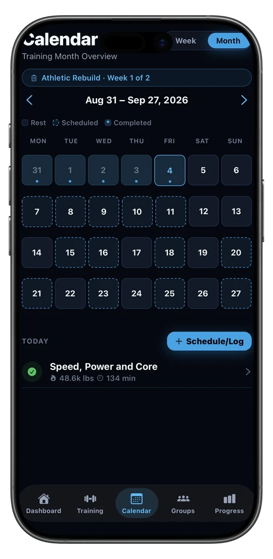 The SetLift calendar showing a month of training, with completed and scheduled days marked and a program running across it.