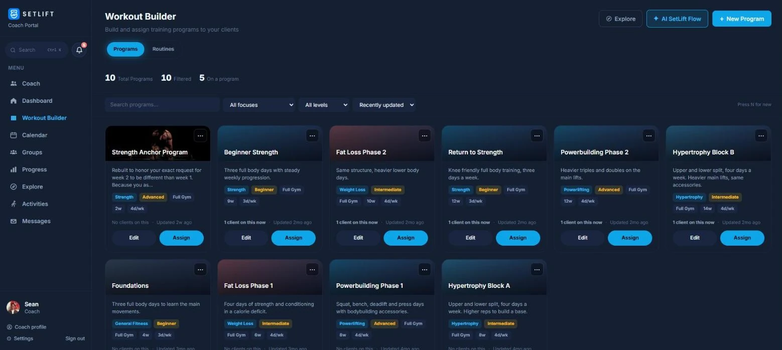 The Workout Builder in the coach portal: a grid of the coach's programs, each with its focus, level, length and days a week, how many clients are on it, and Edit and Assign buttons.
